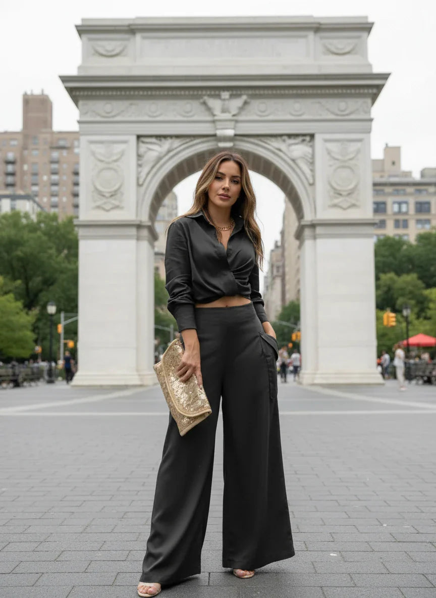 2-Piece Set with Draped Blouse & Wide-Leg Pants – Chic Women’s Loungewear