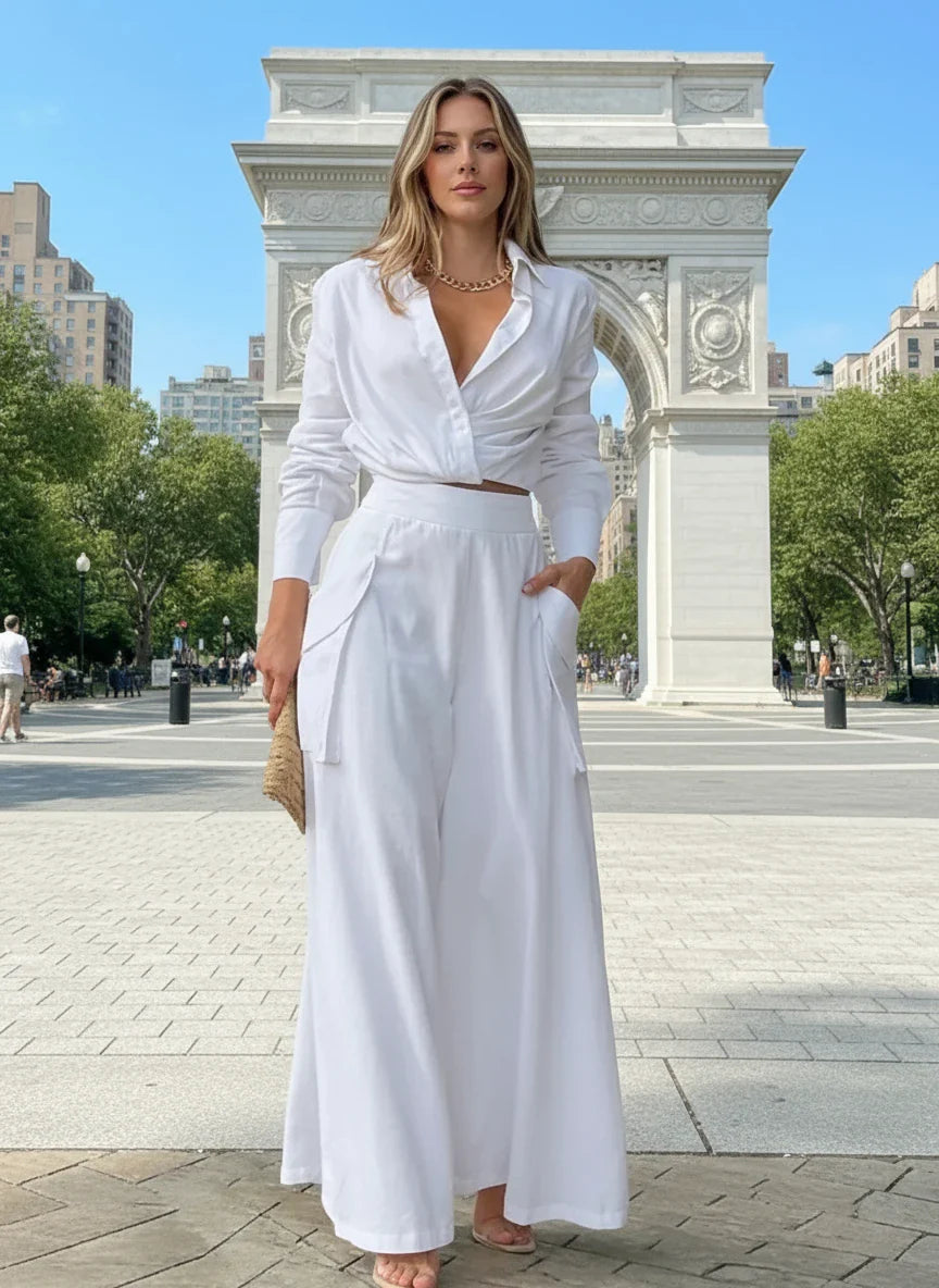 2-Piece Set with Draped Blouse & Wide-Leg Pants – Chic Women’s Loungewear